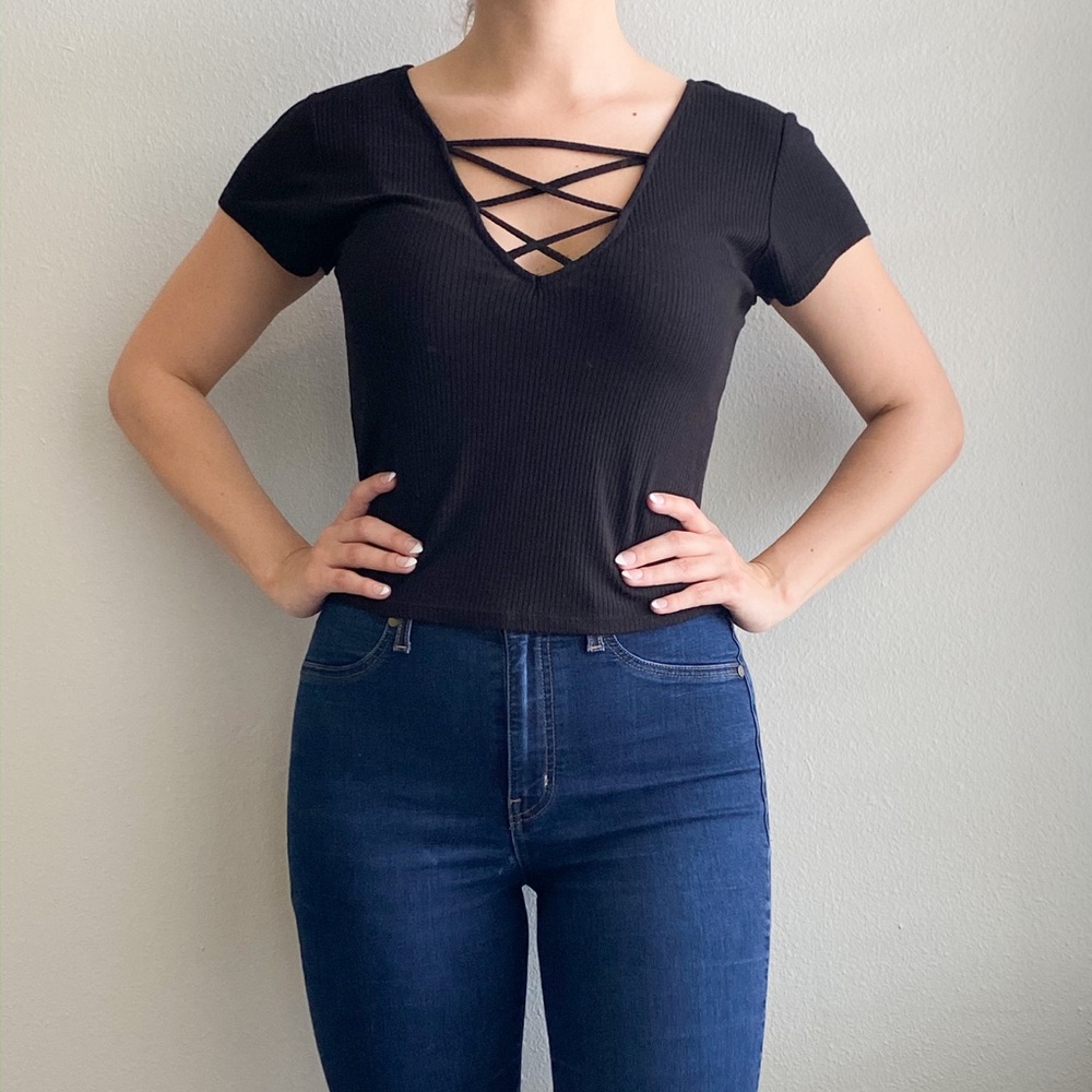 Criss Cross Chest V-Neck Tee